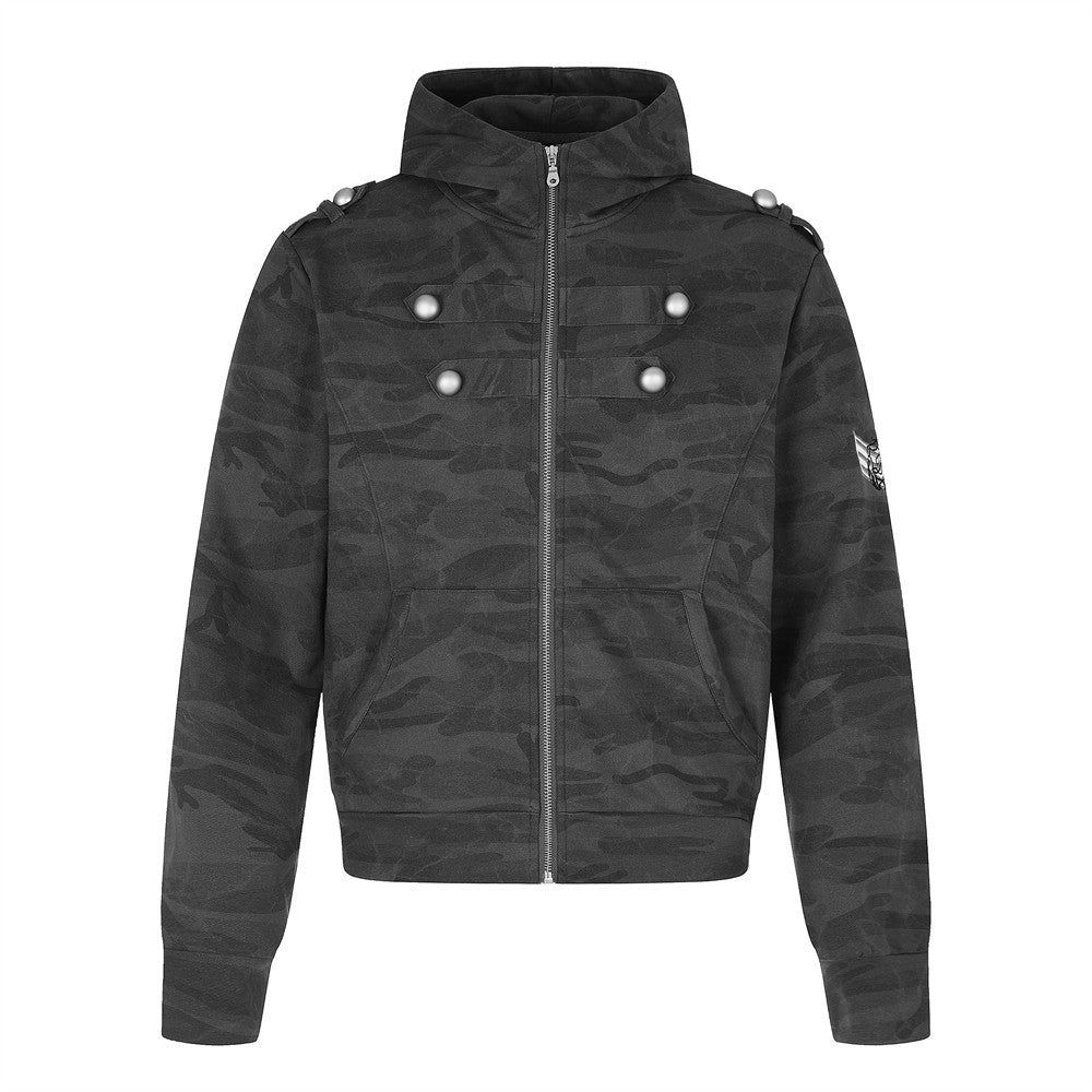 Punk Vintage Camo Zip-Up Hoodie Jacket with Military Buttons