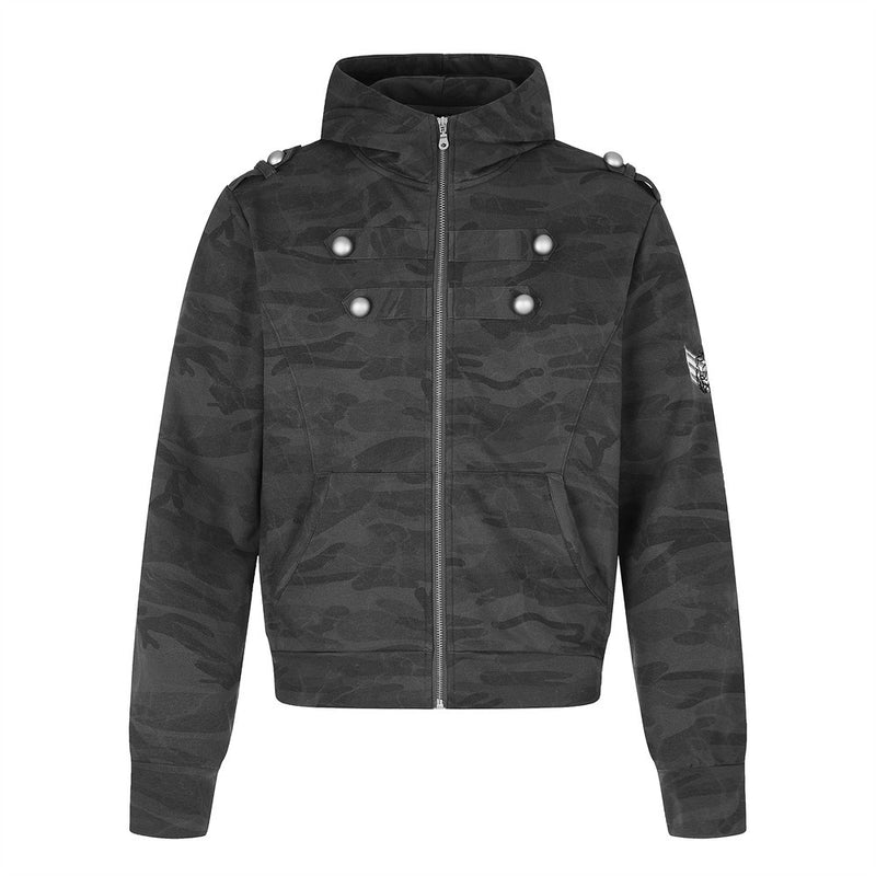 Punk Vintage Camo Zip-Up Hoodie Jacket with Military Buttons
