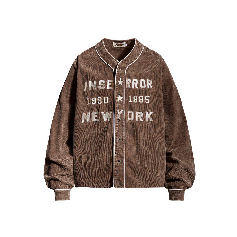 Washed corduroy baseball jacket with embroidered New York lettering in brown and blue colorways, front view