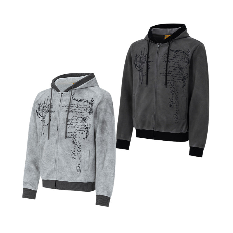Hoodie mit Gothic-Schriftzug und Reißverschluss – Gewaschener Vintage-Dark-Style