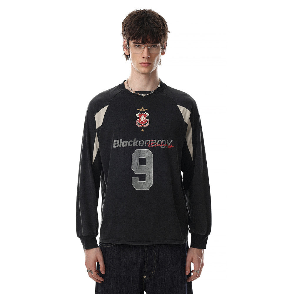 Men's Vintage Soccer Jersey Long-Sleeve Shirt – Number 9 Graphic, Washed Black