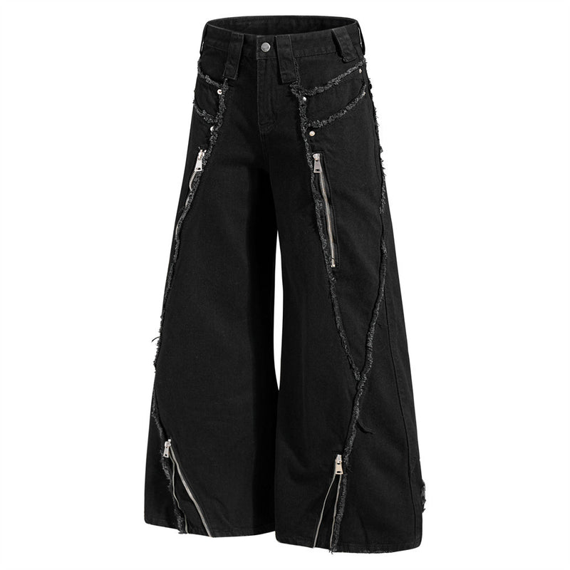 Black Wide-Leg Deconstructed Jeans – Zipper Detail & Raw-Edge Patchwork