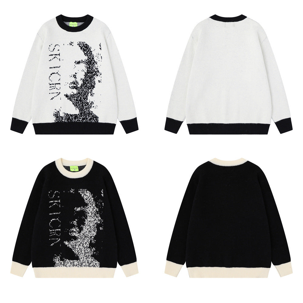 Men's Crew Neck Jacquard Knit Sweater – Pixelated Portrait Graphic, Contrast