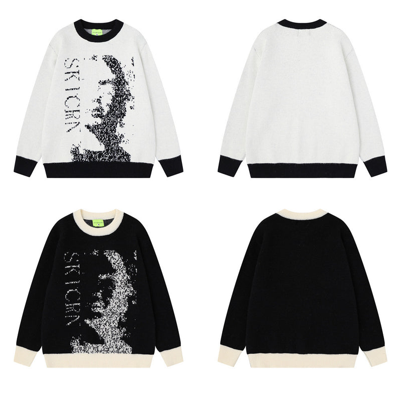 Men's Crew Neck Jacquard Knit Sweater – Pixelated Portrait Graphic, Contrast
