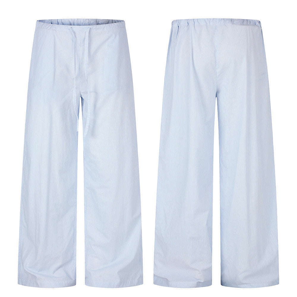 Men's wide-leg blue pinstripe straight-cut trousers with elastic waistband, front and back view