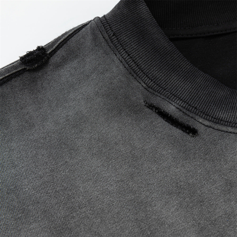 Oversized Faux-Layer Long Sleeve Tee with Camo Splice & Distressed Washed Print