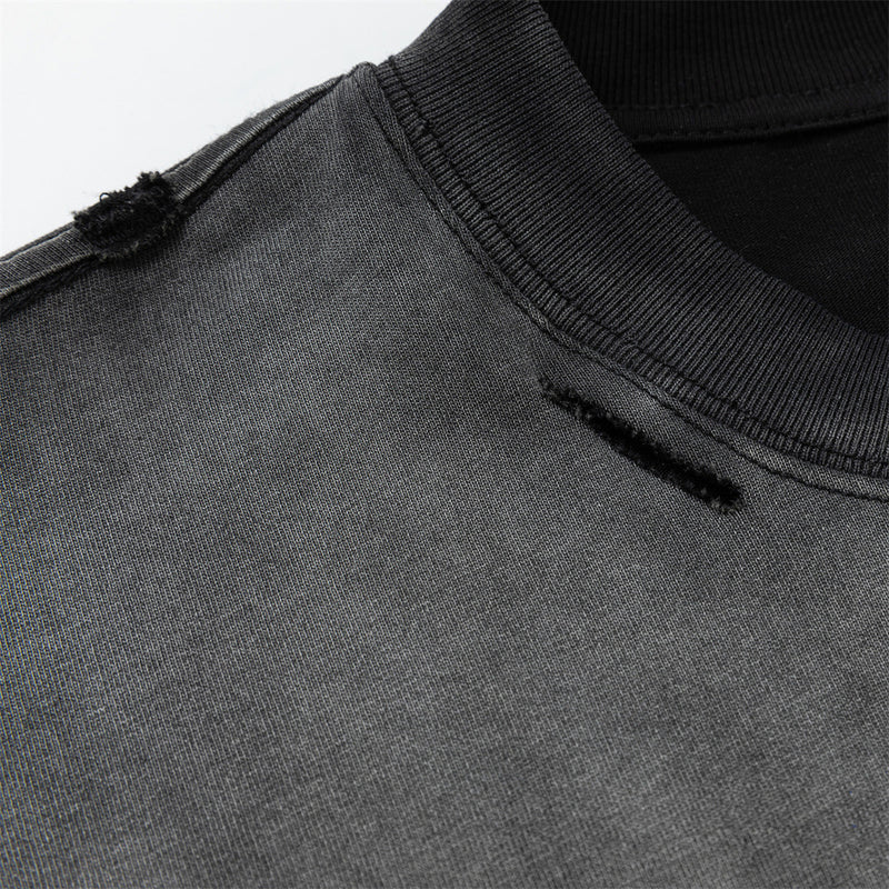 Oversized Faux-Layer Long Sleeve Tee with Camo Splice & Distressed Washed Print