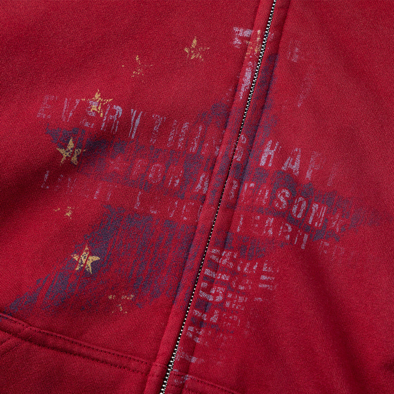 Men's Vintage Star Graphic Zip-Up Hoodie – Oversized American Retro Streetwear