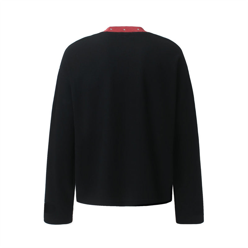 Black Graphic Long Sleeve Tee with Studded Red Collar – Vintage American Print