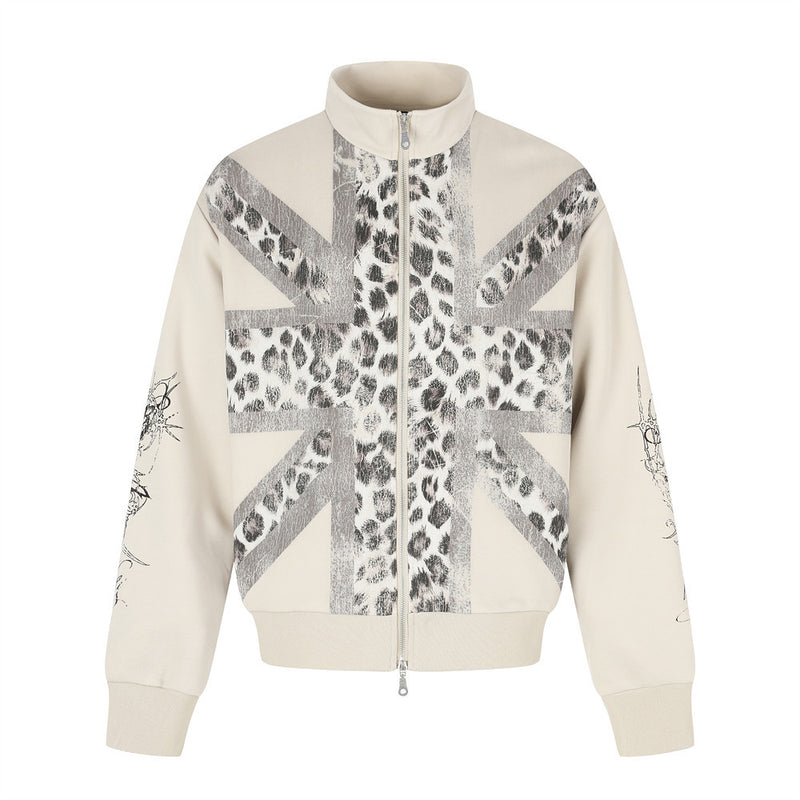 Union Jack Leopard Print Zip-Up Track Jacket – Oversized Fit