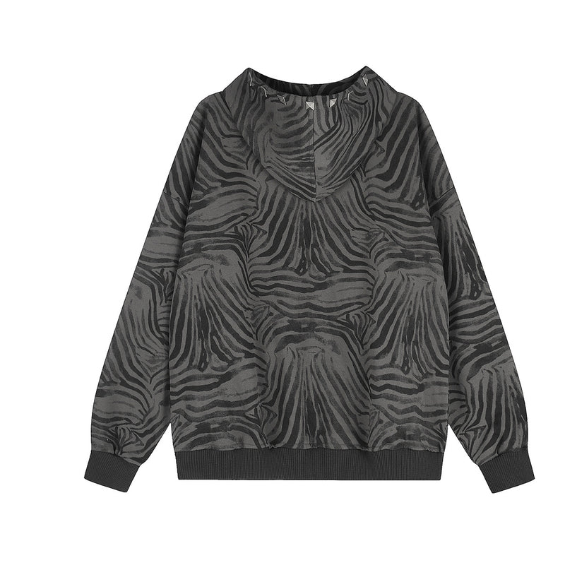 Zebra Print Zip-Up Hoodie Jacket with Pyramid Studs — Grey
