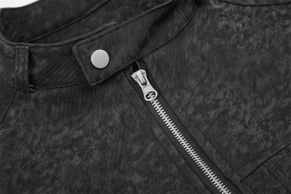Men's Black Stand-Collar Moto Jacket – Textured Zip-Up Biker Coat