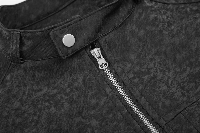 Men's Black Stand-Collar Moto Jacket – Textured Zip-Up Biker Coat