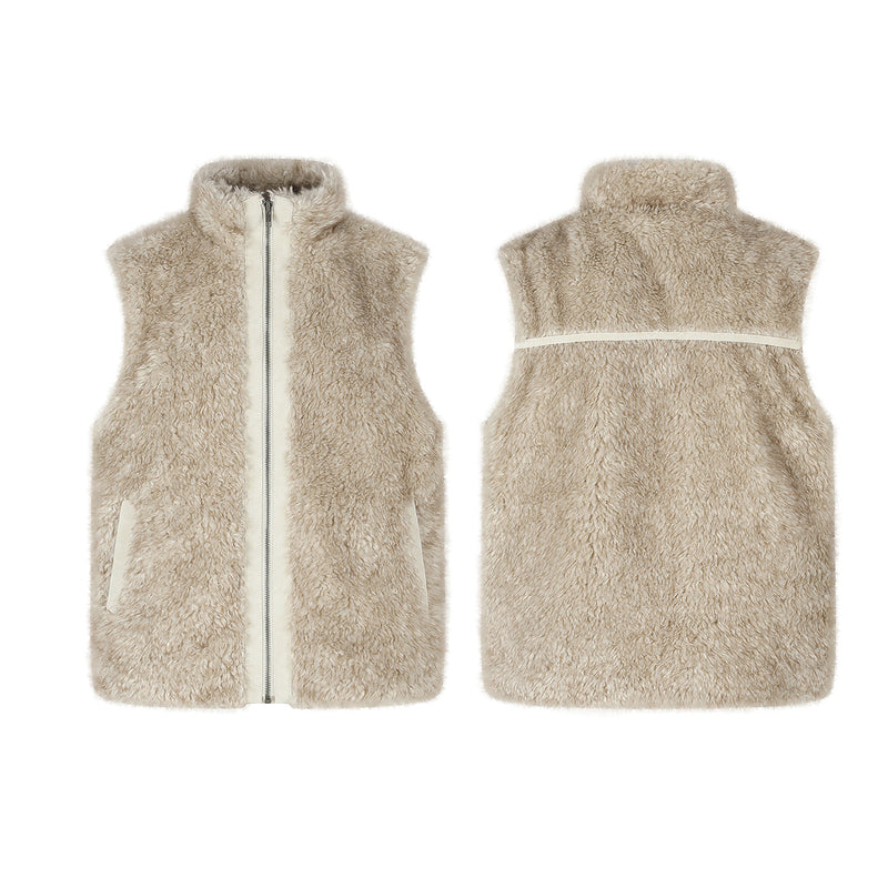 Gilet zippé sans manches en imitation peau lainée à col montant – Polaire teddy