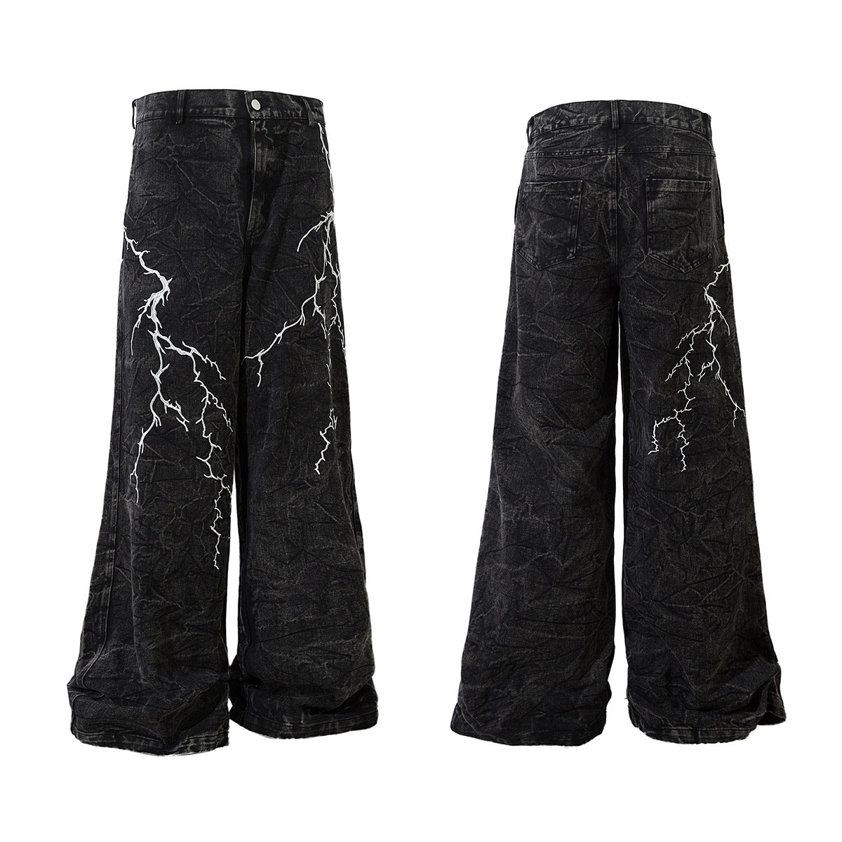 Jean homme baggy noir délavé à jambes larges, avec broderies éclairs blanches sur le devant et au dos des jambes