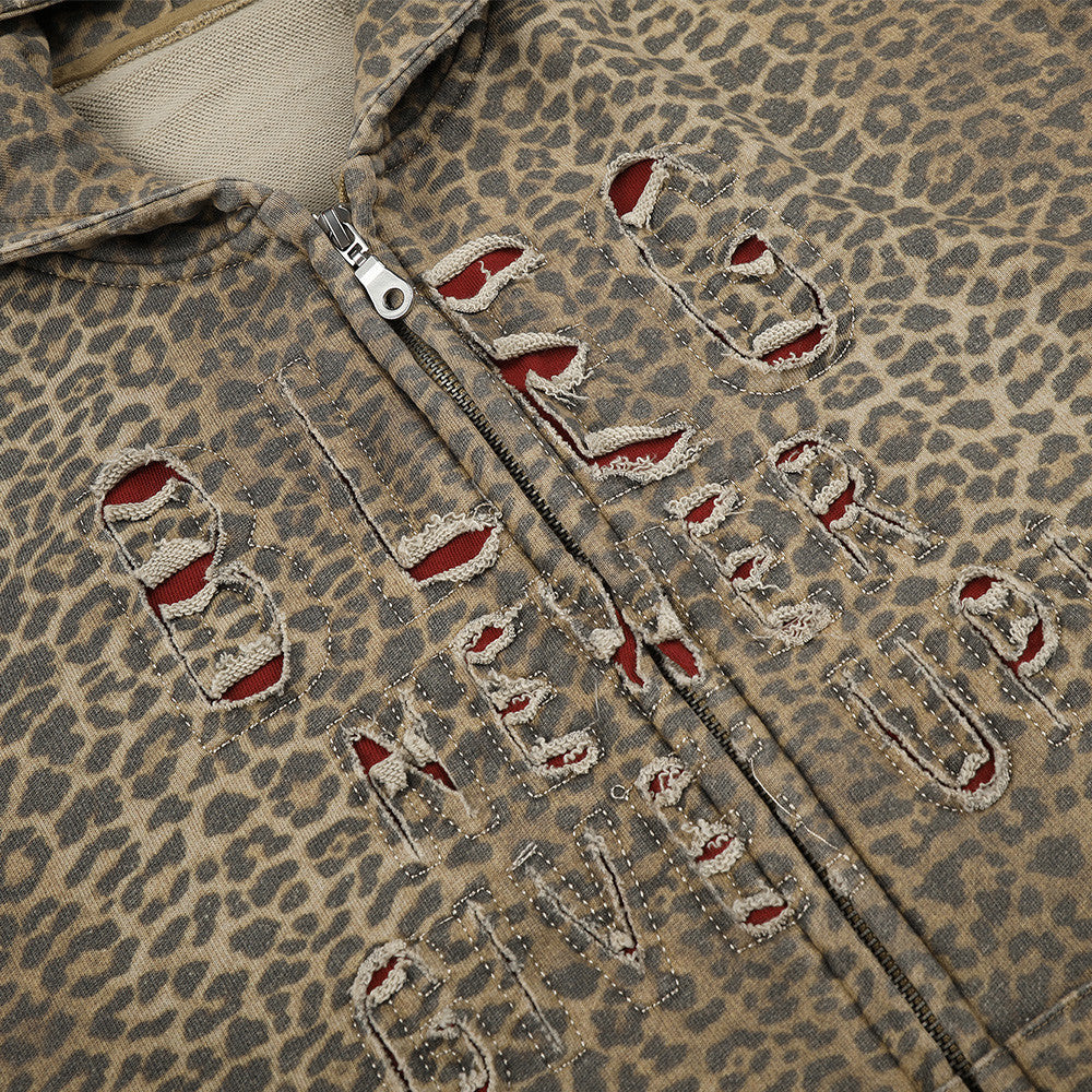 Leopard Print Zip-Up Hoodie with Distressed Letter Embroidery