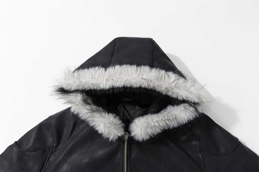 Black Punk PU Leather Hooded Jacket with Faux Fur Trim & Buckle Strap Sleeves