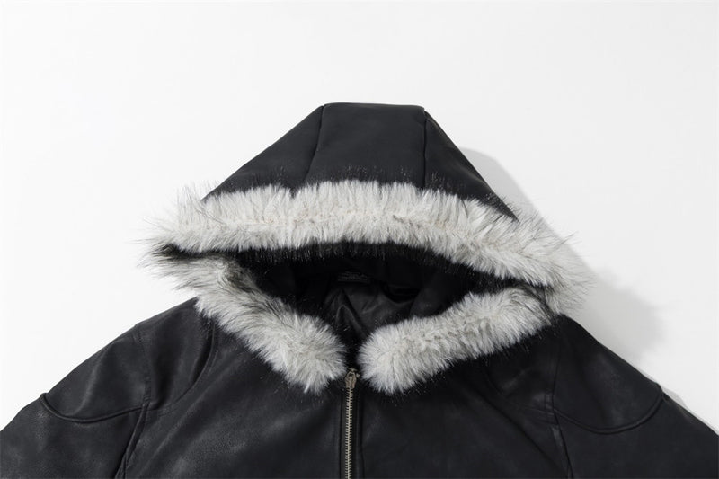 Black Punk PU Leather Hooded Jacket with Faux Fur Trim & Buckle Strap Sleeves