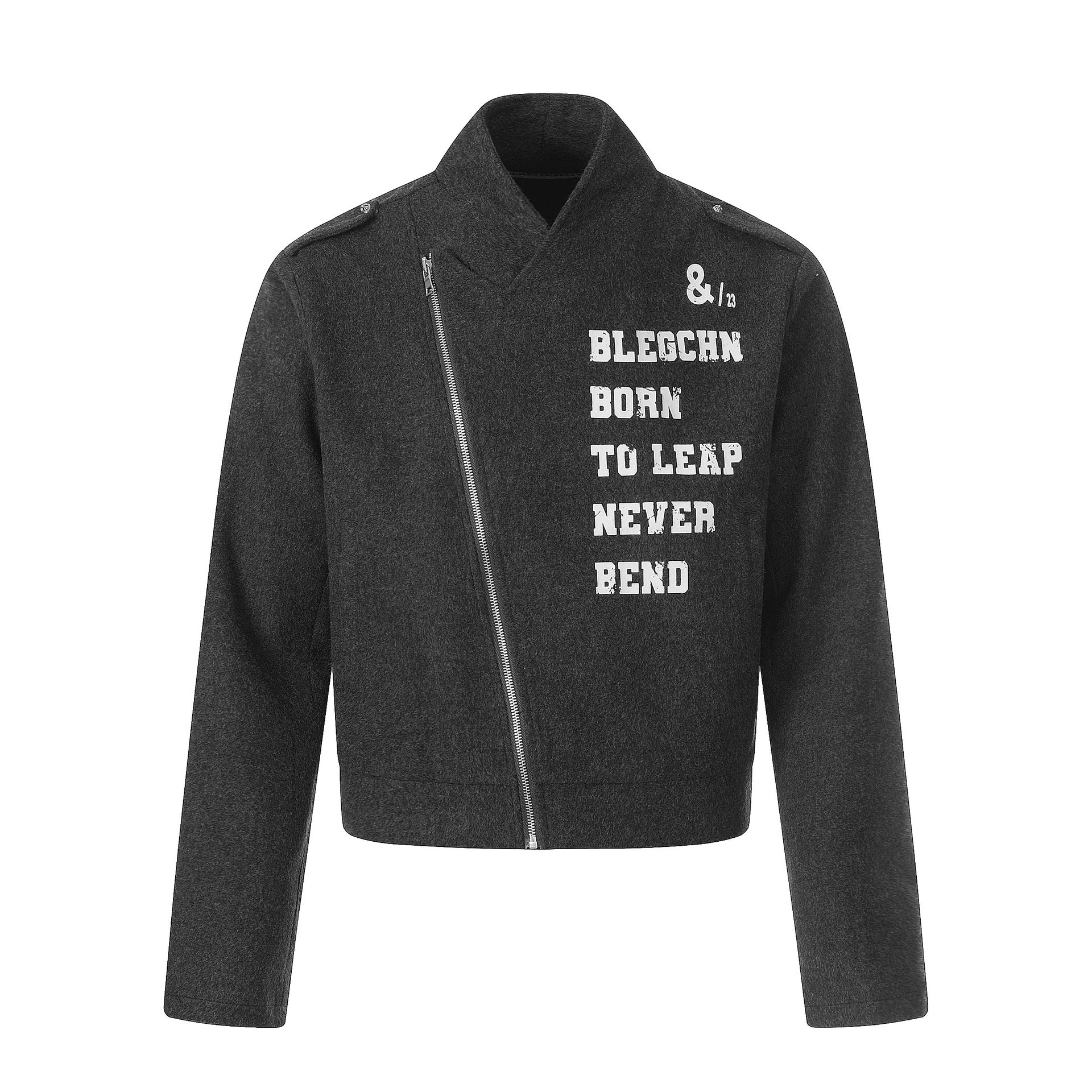 Chaqueta motera de mezcla de lana gris carbón con letras gráficas y cremallera asimétrica