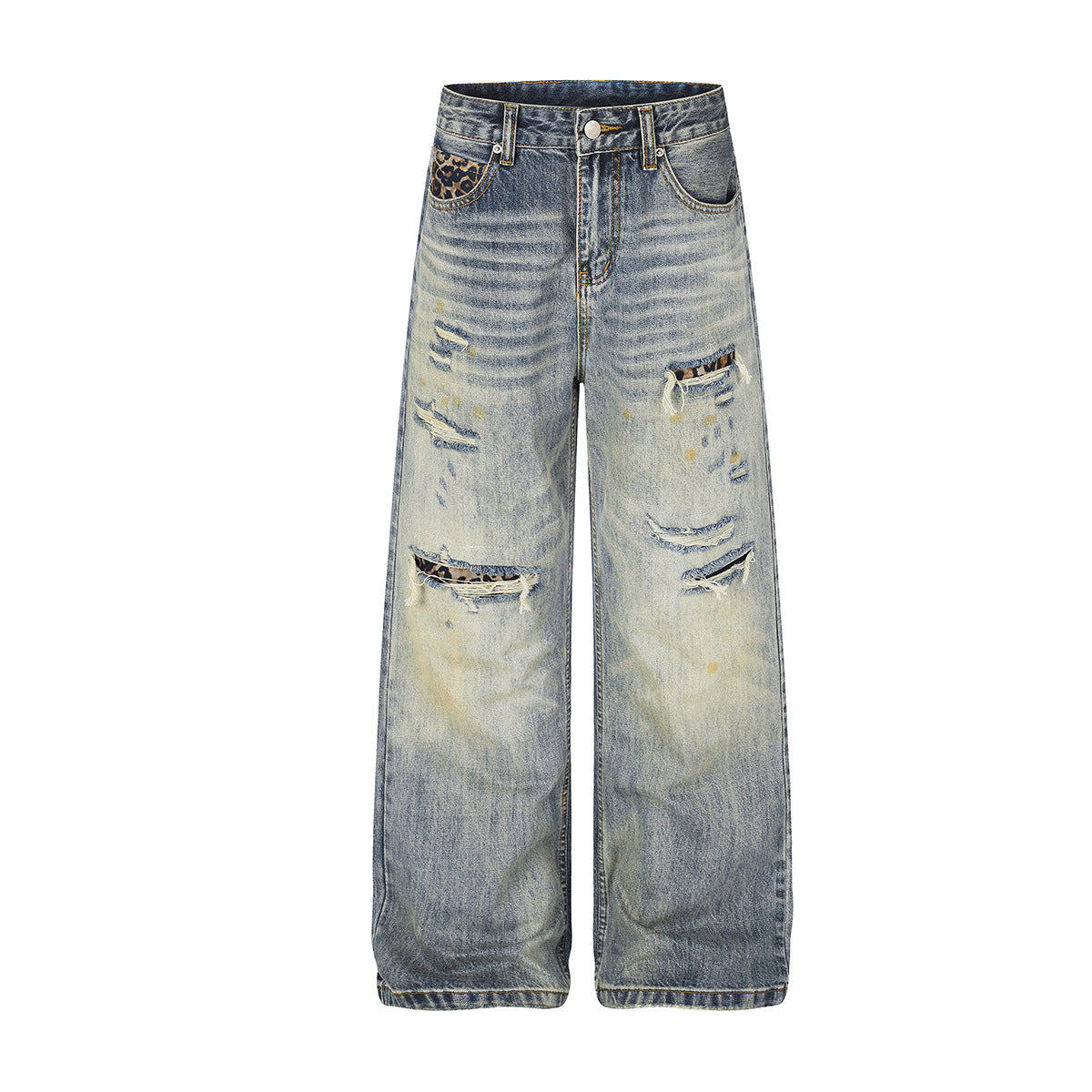 Jean baggy bleu clair à poches léopard – Denim large délavé et déchiré
