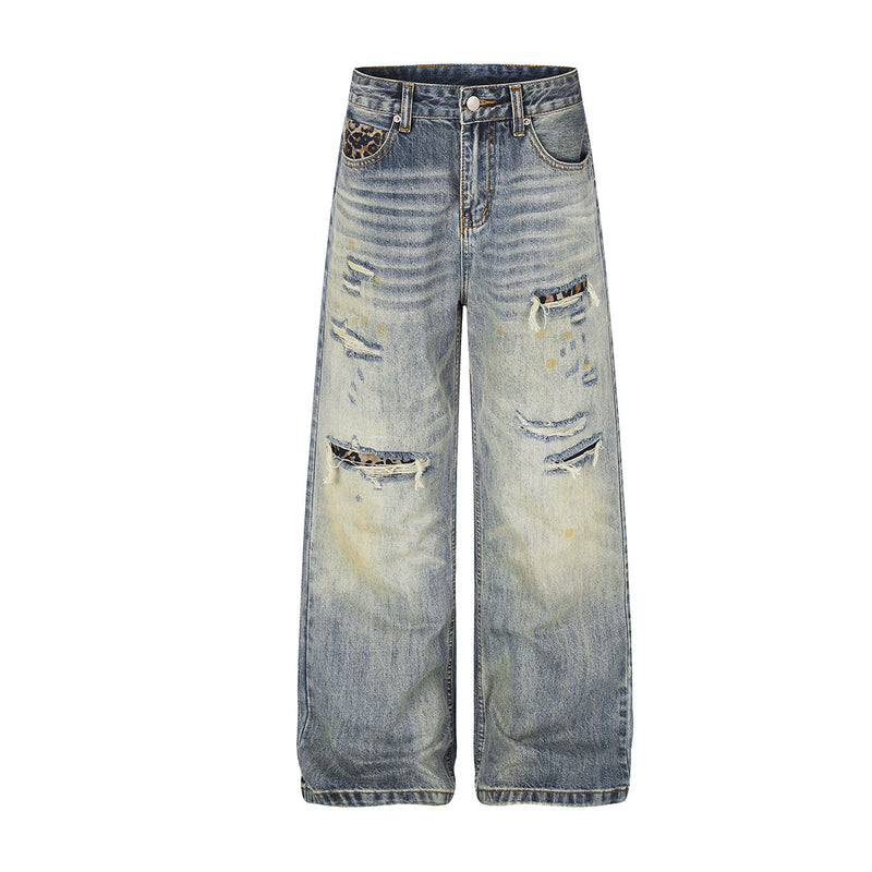 Jean baggy bleu clair à poches léopard – Denim large délavé et déchiré