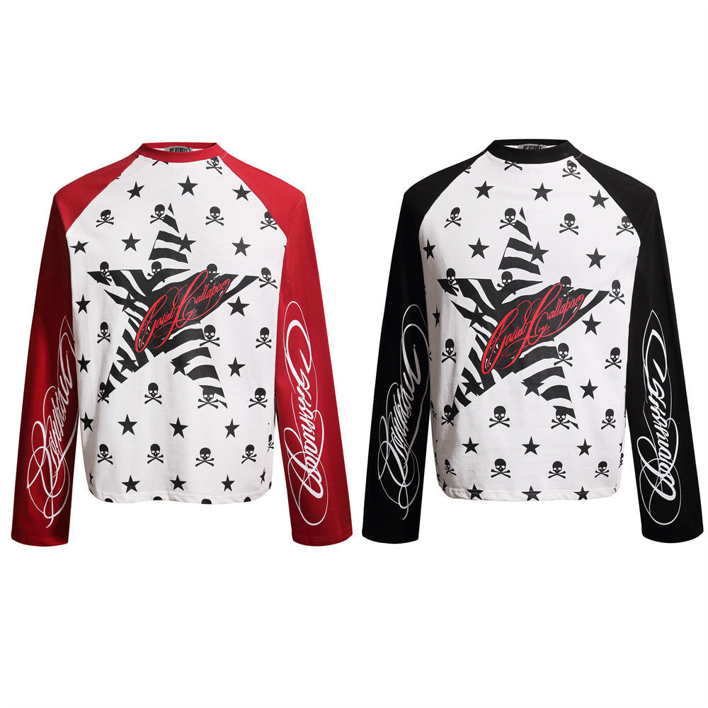 Skull & Star Print Raglan Long Sleeve Graphic Tee – Hip-Hop Color Block