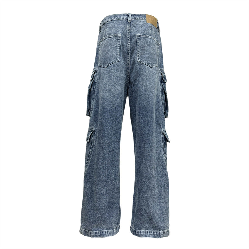 Multi-Pocket Cargo Denim Jeans – Wide Leg Straight Fit, Washed Blue