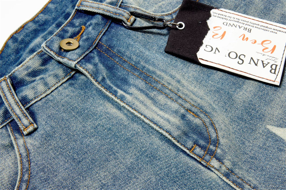 Jeans Star Print Baggy Wide-Leg Men – Washed Light Blue Straight Trousers