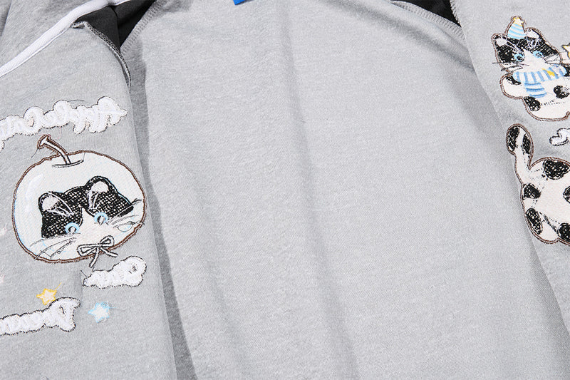Hoodie zippé à oreilles de chat avec manches raglan étoilées et poches-pattes