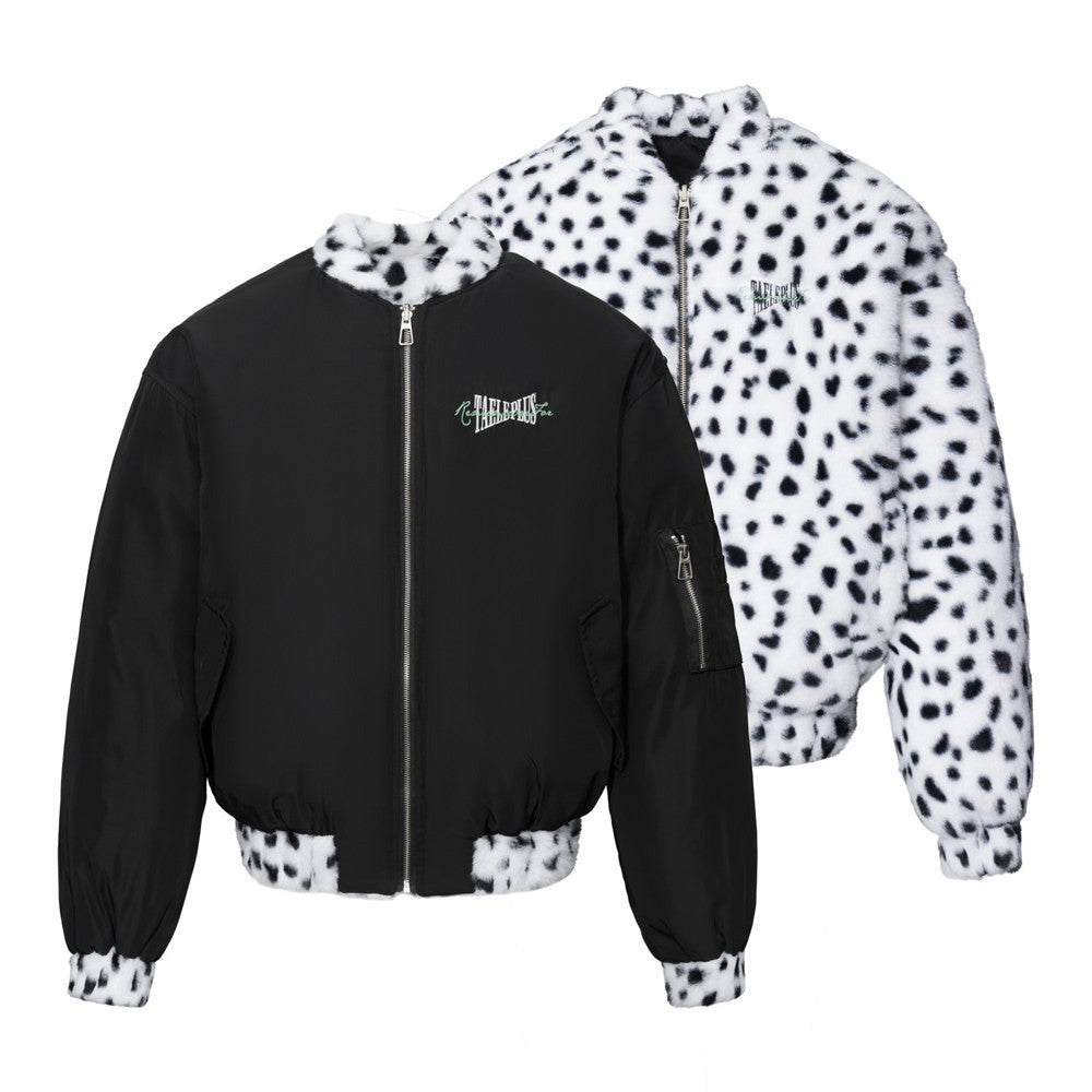 Reversible Dalmatian Print Faux Fur Bomber Jacket – Black & White Oversized