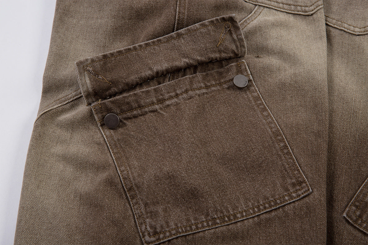 Jean cargo baggy taille haute – Denim marron délavé à jambes larges et coutures courbes