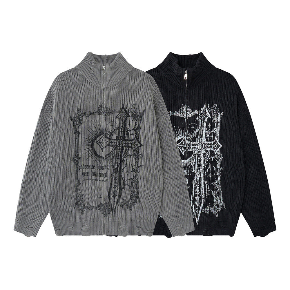 Gothic Cross Print Zip-Up Knit Cardigan Sweater – Distressed Mock Neck Men's