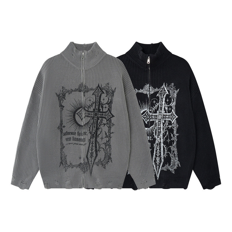 Gothic Cross Print Zip-Up Knit Cardigan Sweater – Distressed Mock Neck Men's