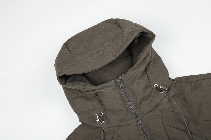 Hooded Quilted Puffer Jacket – Ribbed Panel Down Coat in Olive & Black