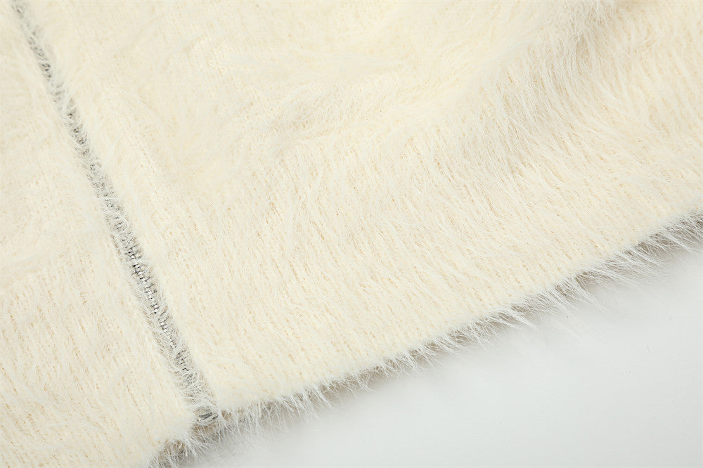 Fuzzy Knit Zip-Up Hoodie with Animal Patches – Streetwear Cardigan