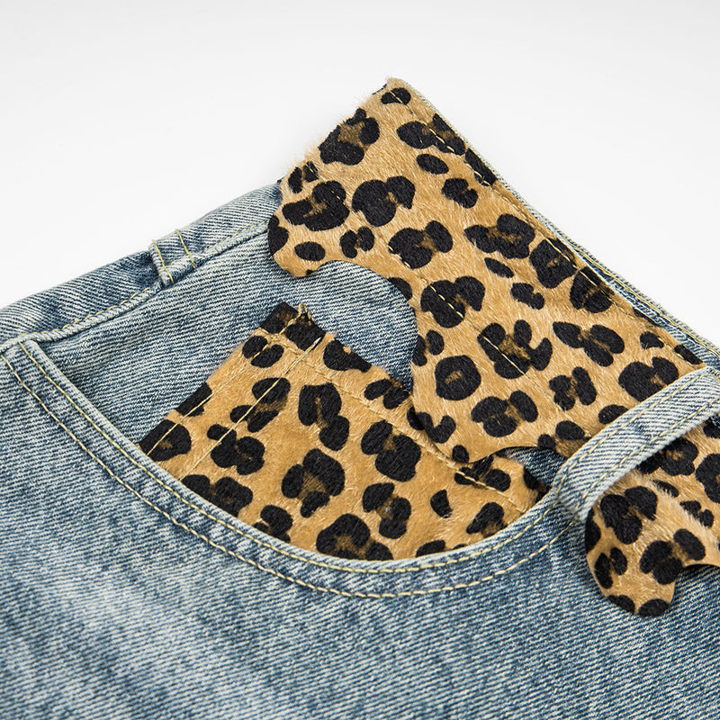 Leopard Print Patchwork Distressed Denim Shorts – Men's Retro Streetwear Wide Le