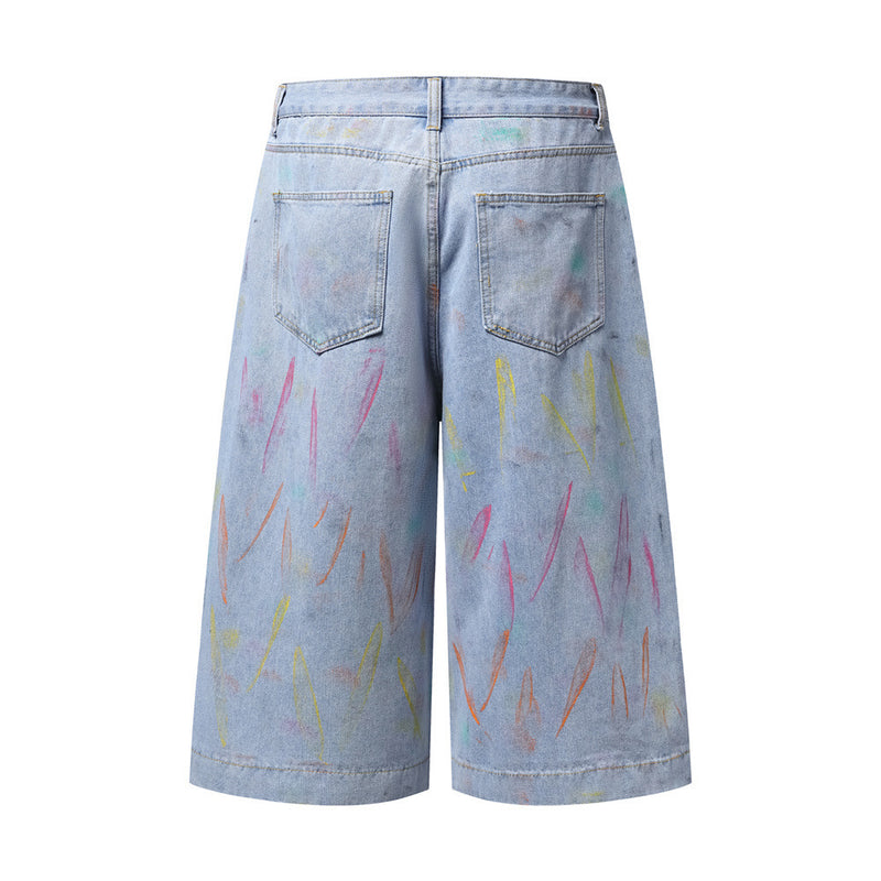 Hand-Painted Graffiti Denim Shorts – Wide-Leg Washed Jean Shorts