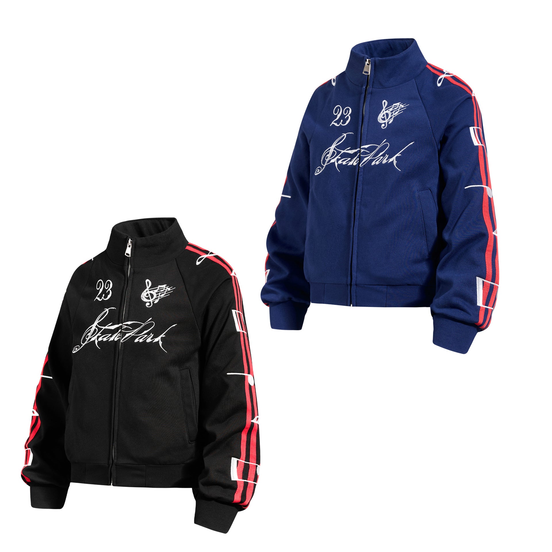 Track Jacket Stand Collar Full-Zip with Script & Music Note Graphics