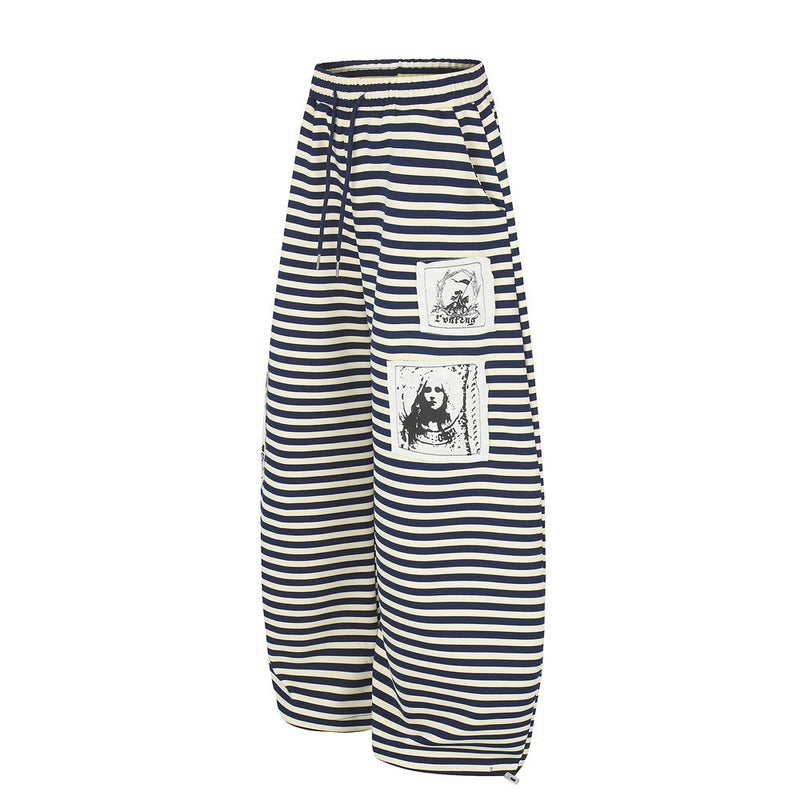 Gestreifte Wide-Leg-Hose mit Motiv-Patches – Relaxed-Fit-Hose mit Kordelzug