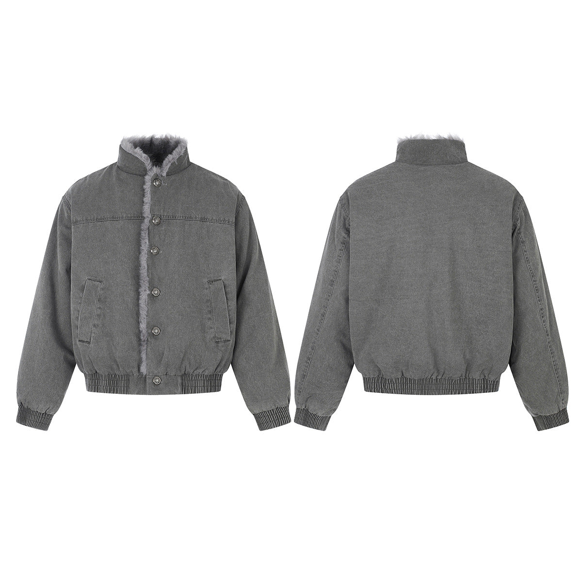 Washed grey denim bomber jacket with faux fur collar lining, front and back view