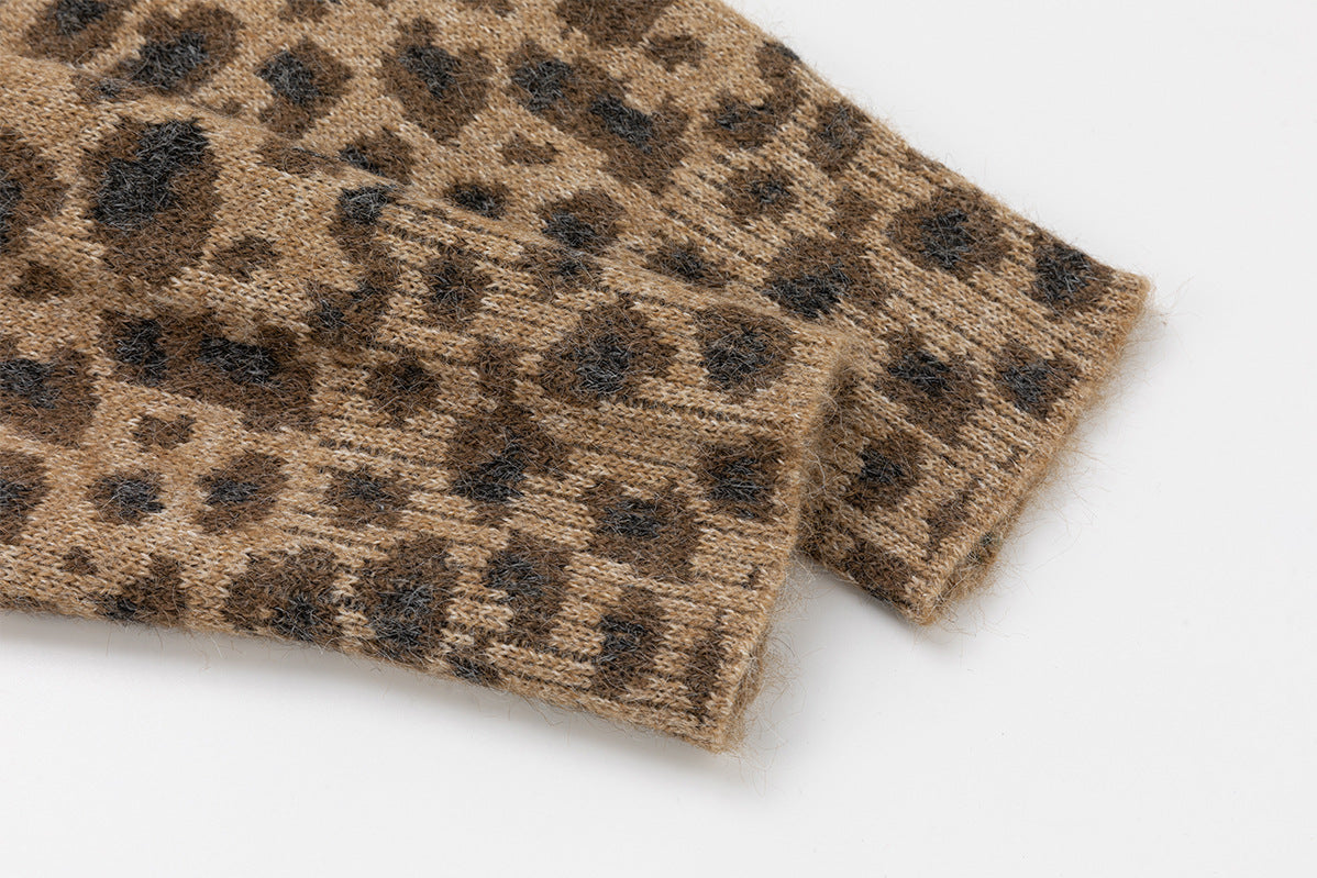 Leopard Print Knit Zip-Up Hoodie – Relaxed Fit Unisex Sweater Jacket