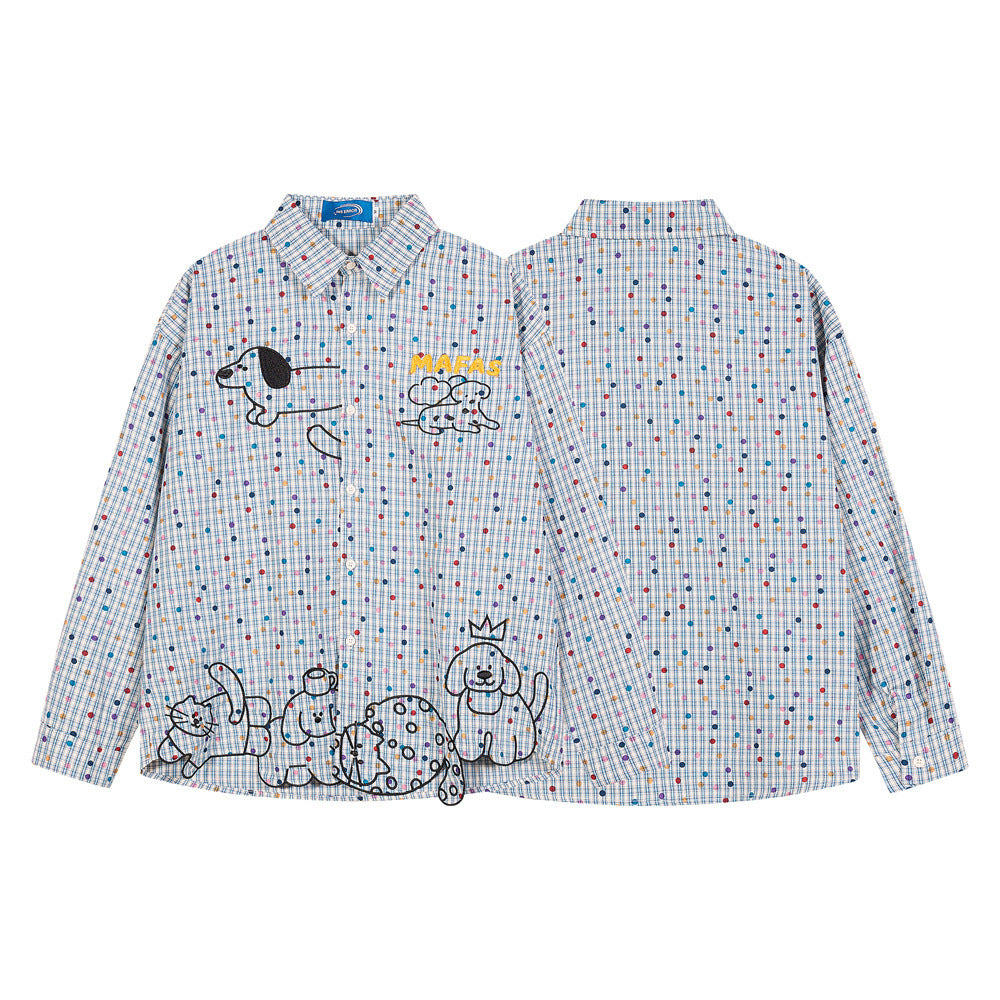 Men's Plaid Long Sleeve Shirt with Cartoon Dog Embroidery and Colorful Polka Dot
