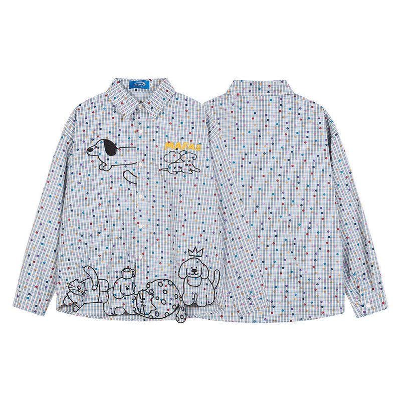 Men's Plaid Long Sleeve Shirt with Cartoon Dog Embroidery and Colorful Polka Dot