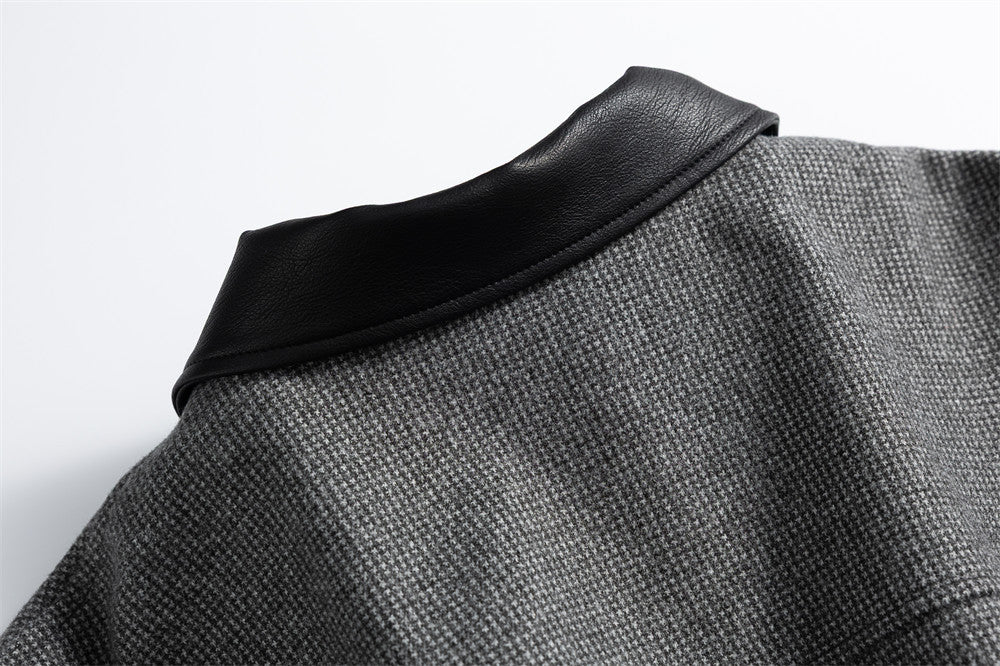 Men's Houndstooth Wool-Blend Bomber Jacket with Leather Collar & Cuffs