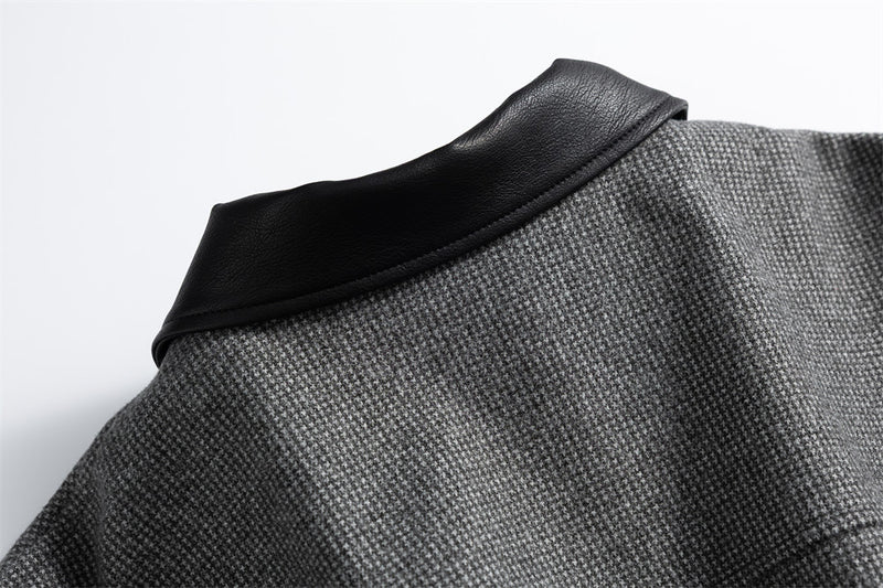 Men's Houndstooth Wool-Blend Bomber Jacket with Leather Collar & Cuffs