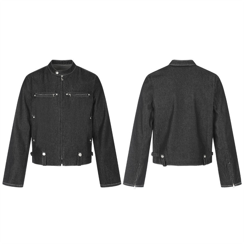 Black cropped denim jacket shown front and back with stand collar, zip closure and chest zip pockets