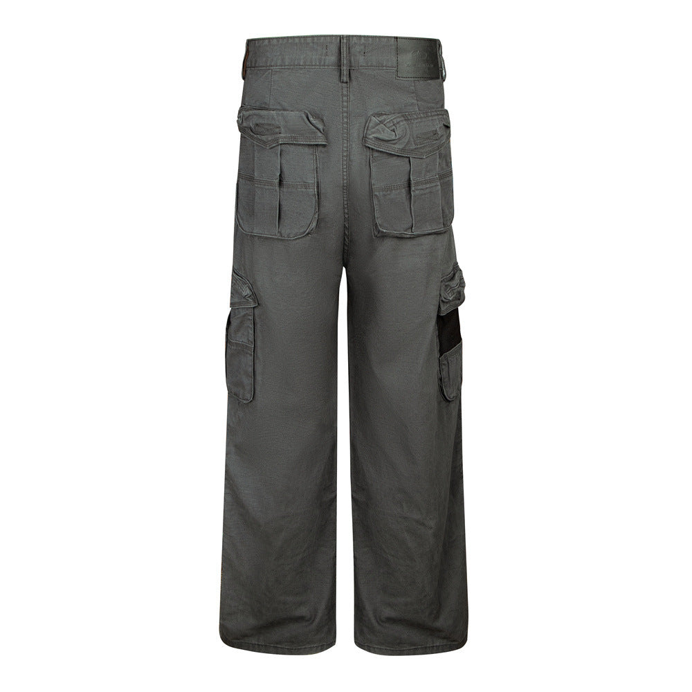 Herren-Wide-Leg-Cargohose – Grau, Gerader Fit mit mehreren Taschen