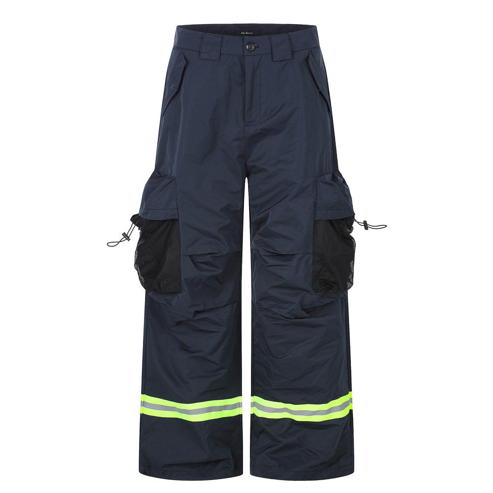 Navy wide-leg tactical cargo pants with mesh cargo pockets and reflective yellow tape hem bands, front and back view