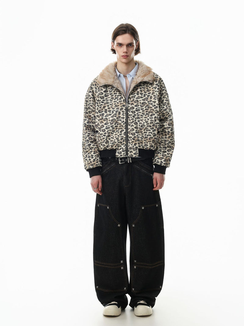 Reversible Faux Fur & Leopard Print Bomber Jacket – Oversized Retro American