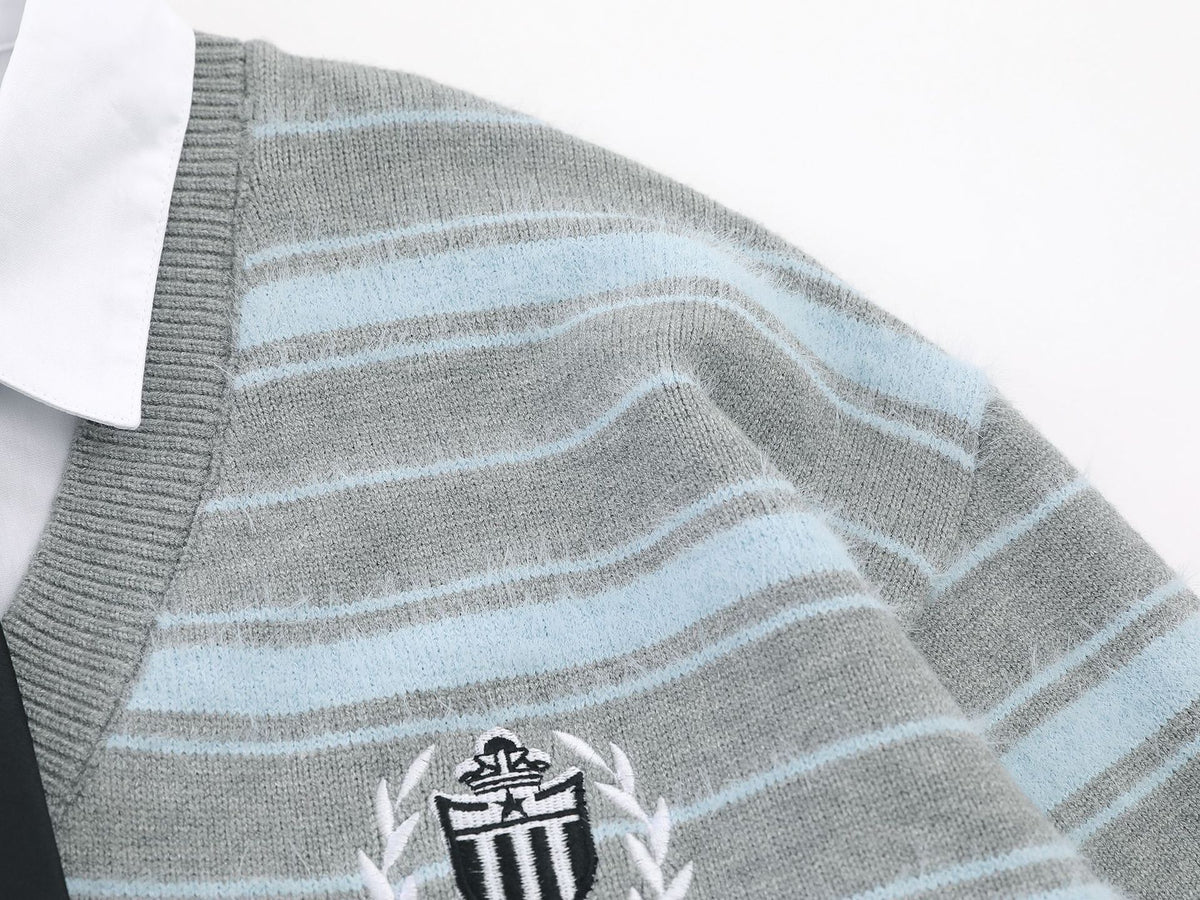 Striped Knit Sweater with Layered Shirt Collar and Tie Detail, Preppy Academy